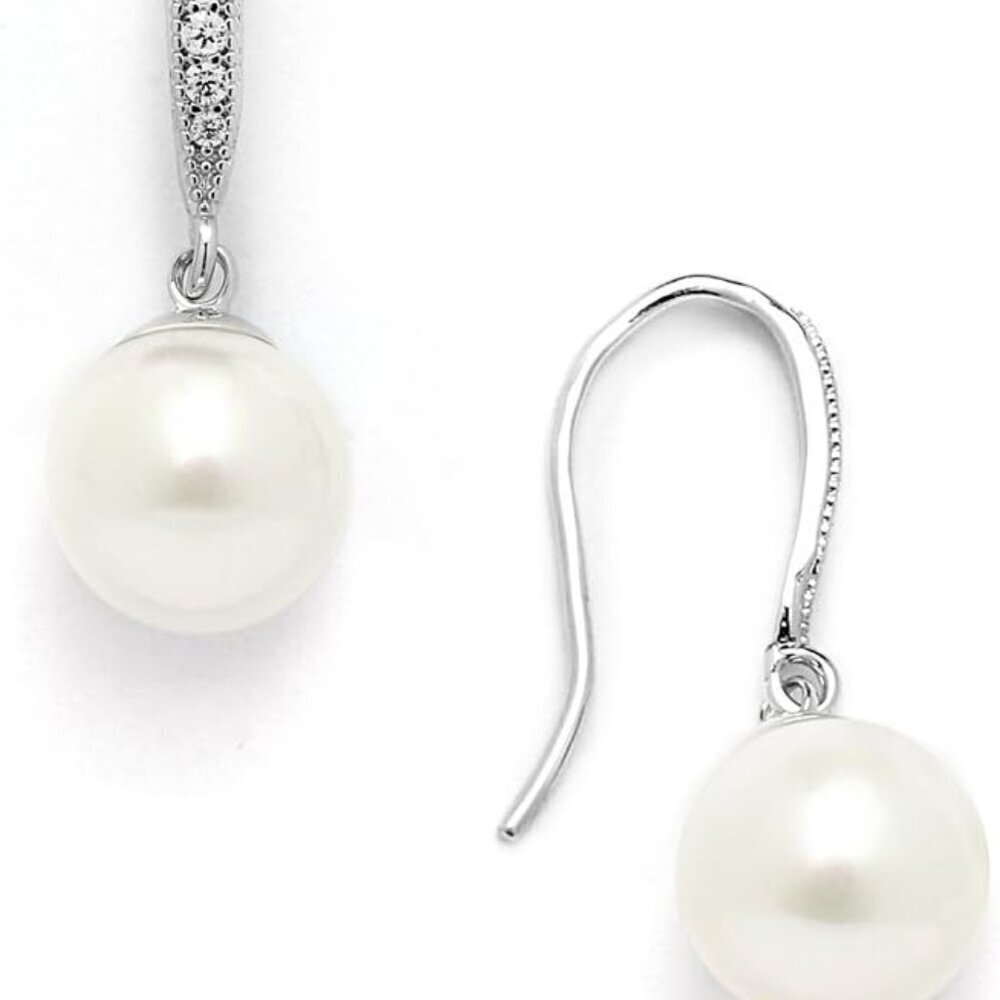 Pearl Drop Earrings CZ Crystal Women's Wedding Bridesmaids Gift Understated Eleg - Picture 1 of 7